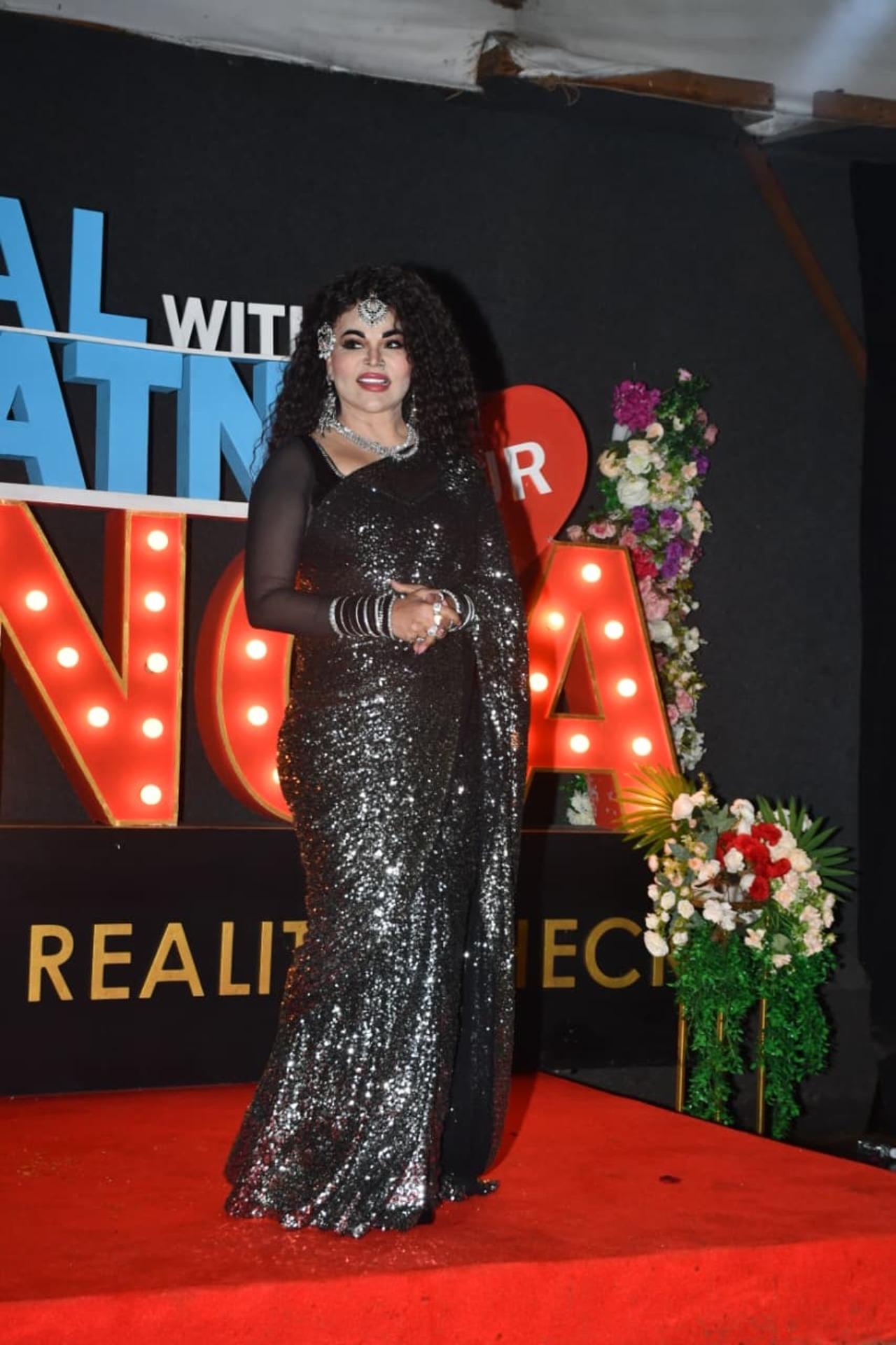 Rakhi Sawant arrived in a black sequinned sare at Avika Gor-Milind Chandwani's wedding celebrations on the sets of Pati, Patni Aur Panga.